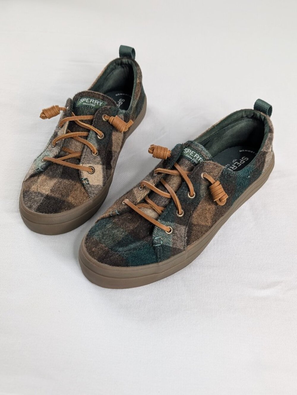 Sperry Crest Vibe Wool Green Brown Plaid Leather Lace Up Sneakers Boat Shoes
